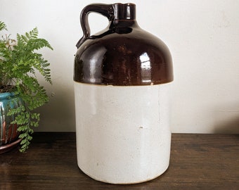 Brown White Stoneware Jug Two Tone Moonshine Shoulder Jug Cabin Farmhouse Crock Decor