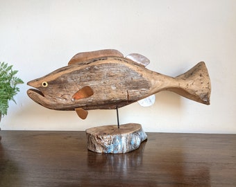 Primitive Carved Wood Fish Copper Fins Large Bass On Stand Signed Rustic Folk Art Sculpture Fisherman Gift