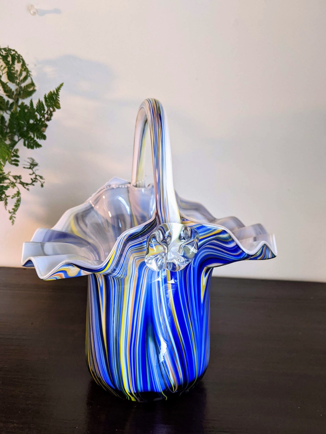 Art Glass Basket Vase Blown Glass Cobalt Blue White Striped Etsy