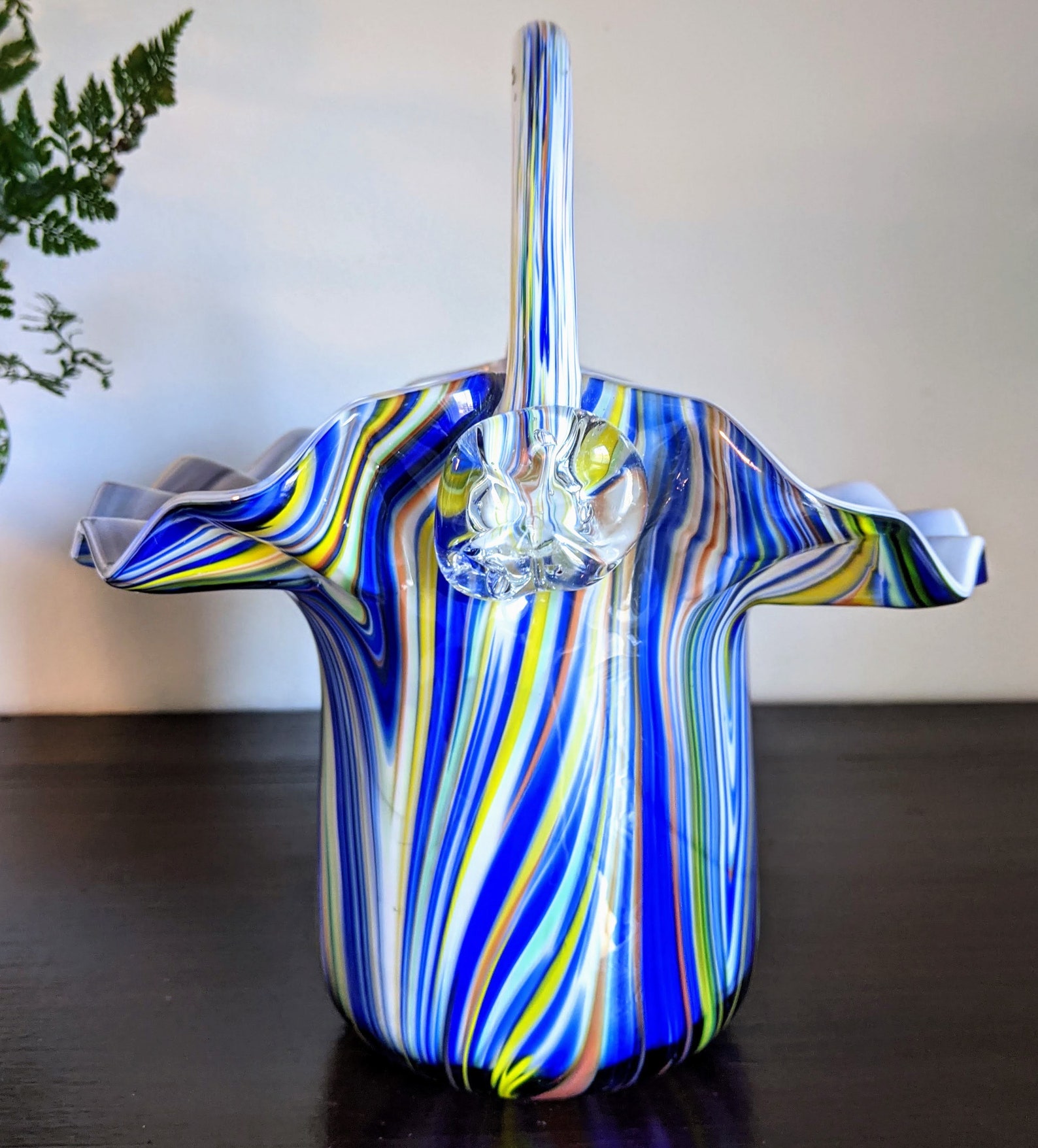 Art Glass Basket Vase Blown Glass Cobalt Blue White Striped Etsy