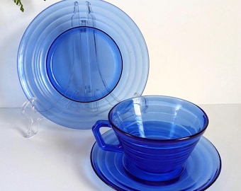 Moderntone Set Hazel Atlas Set Cobalt Blue Glass Plate Cup Saucer