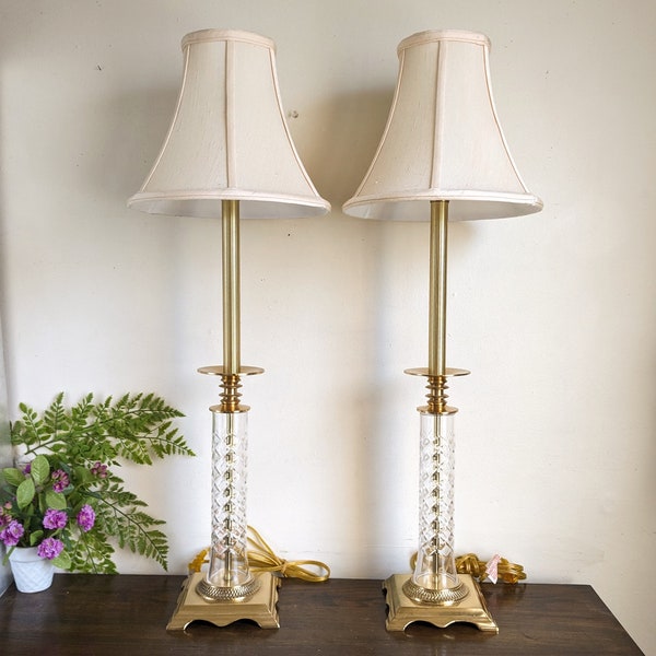 Brass Glass Buffet Lamp Pair Tall Candlestick Console Lamp