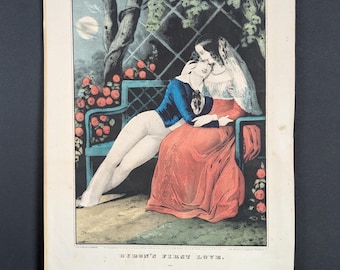 Currier & Ives Print Byrons First Love 1848 Antique Hand Colored Lithograph Lord Byron Victorian Art