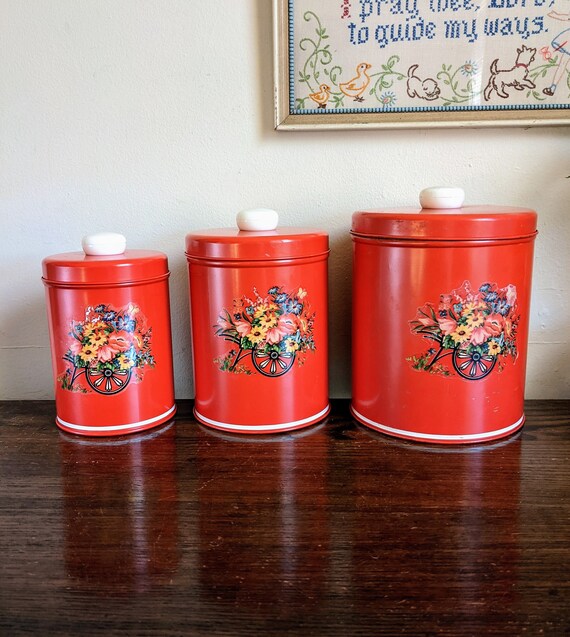 Red Tin Canister Set Flower Cart Kitchen Decor - Etsy