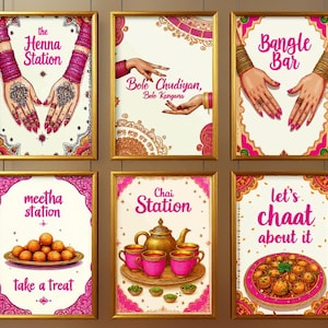 Puede incluir: Seis impresiones artísticas enmarcadas con marcos dorados. Las impresiones presentan ilustraciones de manos de henna, brazaletes y alimentos. El texto incluye "Henna Station", "Bangle Bar", "Meetha Station", "Chai Station" y "Let's Chaat About It".