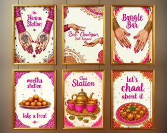 May include: Six framed wall art prints featuring illustrations of Indian wedding themes. The prints display text including The Henna Station, Bole Chudiyan, Bangle Bar, meetha station, Chai Station, and let's chaat about it with colorful motifs.