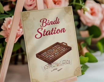 Letrero de estación Bindi / Letrero de bazar Mehndi / Decoración Dholki / Barra Bindi / Letrero de mesa imprimible / Descarga digital para boda india / Colección clásica