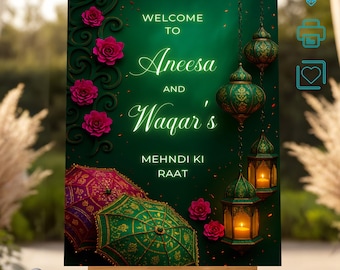 Green Mehendi Welcome Sign | Mehndi Wedding Decor, Welcome Sign Wedding Indian Wedding, Haldi Signage, Indian Wedding Decor, Punjabi Wedding