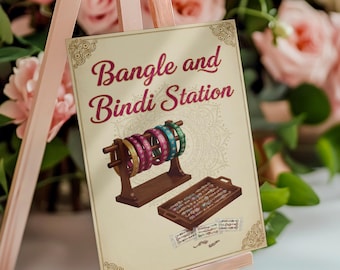 Letrero de estación de brazaletes y bindi / Letrero de bazar mehndi / Decoración dholki / Letrero de mesa imprimible / Descarga digital para boda india / Colección clásica