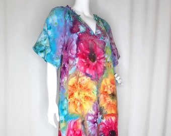 Size Large -Tie Dye Dress Crinkle Gauze with POCKETS and Blossoms