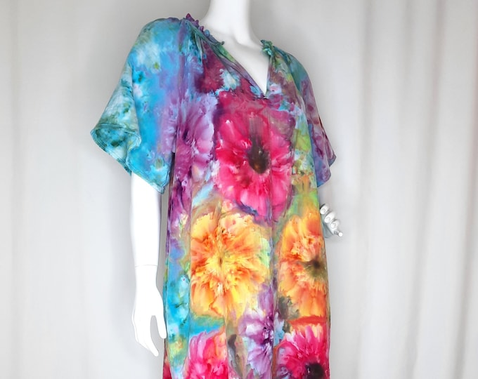 Size Large -Tie Dye Dress Crinkle Gauze with POCKETS and Blossoms