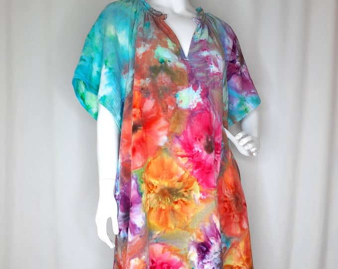 Size XLarge -Tie Dye Dress Crinkle Gauze with POCKETS and Blossoms