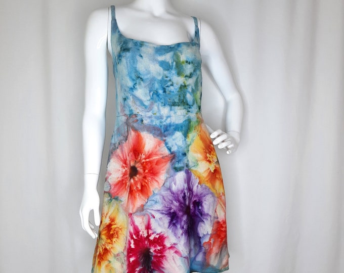Size Medium/Large -Tie Dye Linen Dress with POCKETS and adjustable straps