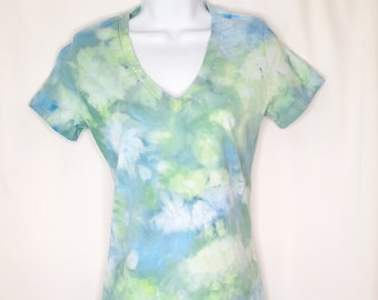 Size Small / Medium - Tie Dye Tshirt - Deep V - Iced Dye - Blues and Greens