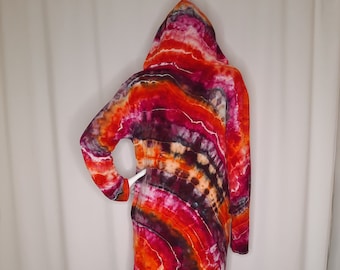 Size XLarge - Long Hooded Tie Dye Cardigan with POCKETS - Reds