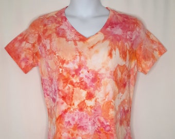 Size Large - Tie Dye Tshirt - V neck - Ice Dye - Orange and Pink