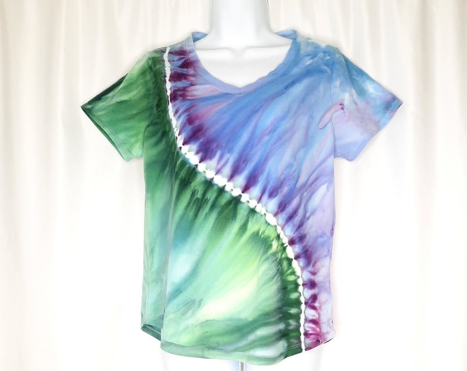 Size Medium - Ladies Tie Dye Tshirt Vneck - Ice Dye - Gravity Flow Dye in Purple and Green