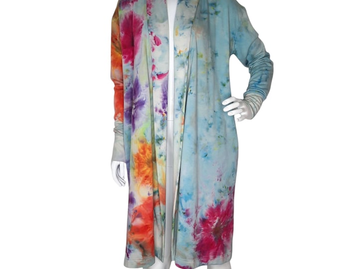 Size Medium Tall - Tie Dye Fleece Cardigan Wrap with Pockets - Blossoms Ice Dye