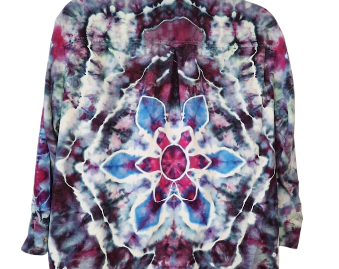 Size XLarge - Ladies Tie Dye Flannel Button Up Shirt- Ice Dye Purple Mandala
