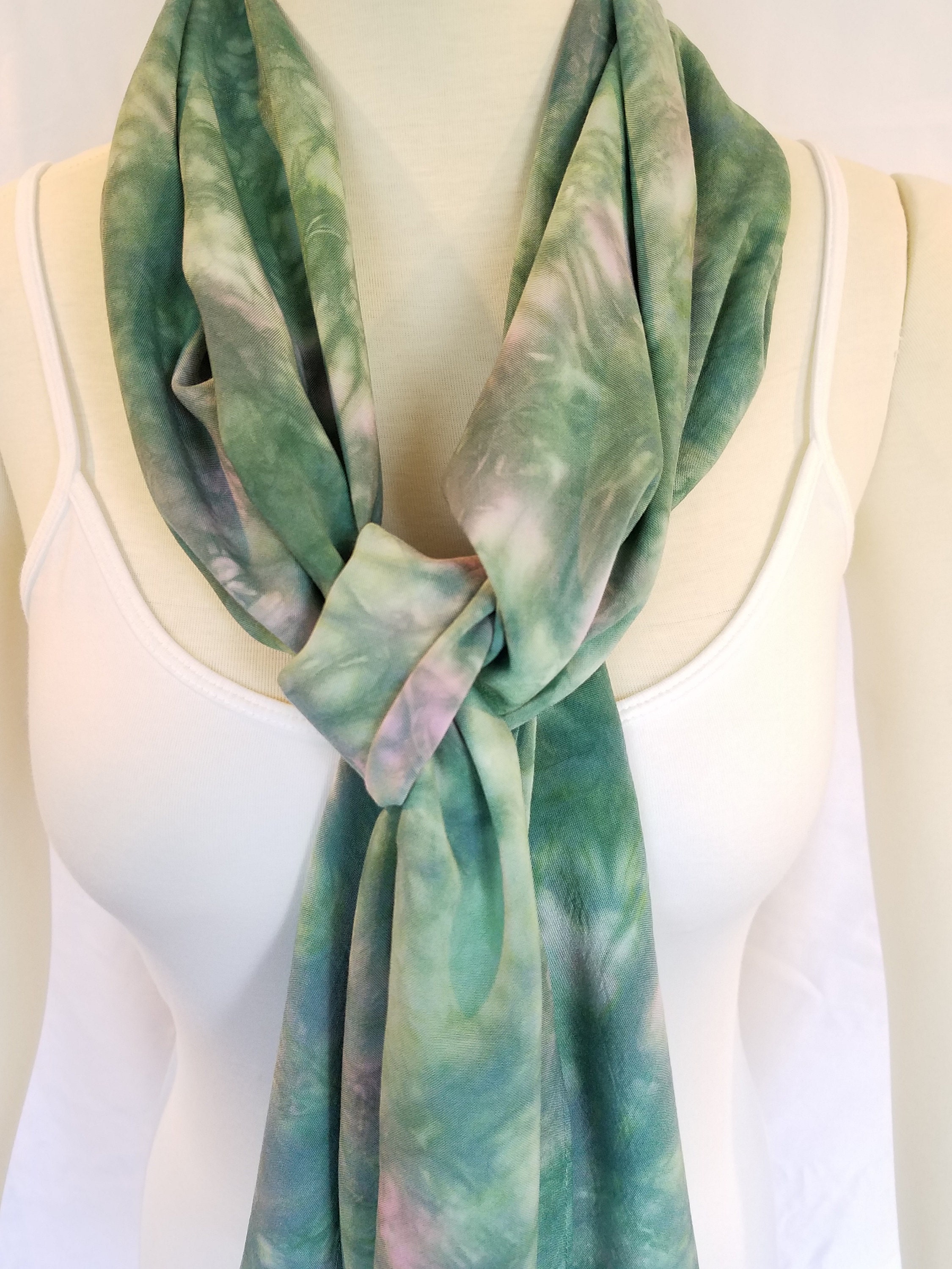 Hand Dyed Bamboo Scarf Long 12 x 68 Green and Purple
