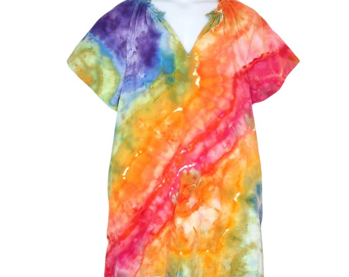 Size XLarge -Tie Dye Rainbow Dress - Crinkle Gauze with POCKETS - 100% Cotton