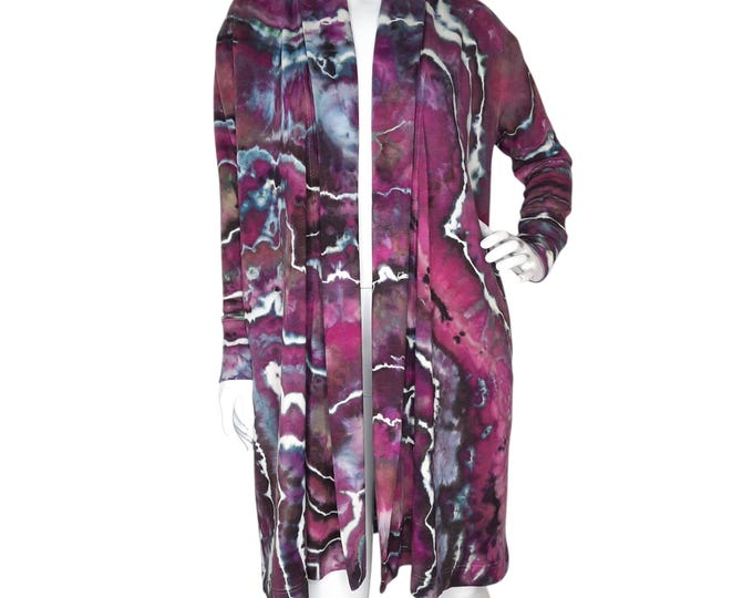 Size Small - Tie Dye Fleece Cardigan Wrap with Pockets - Purple Ice Dye