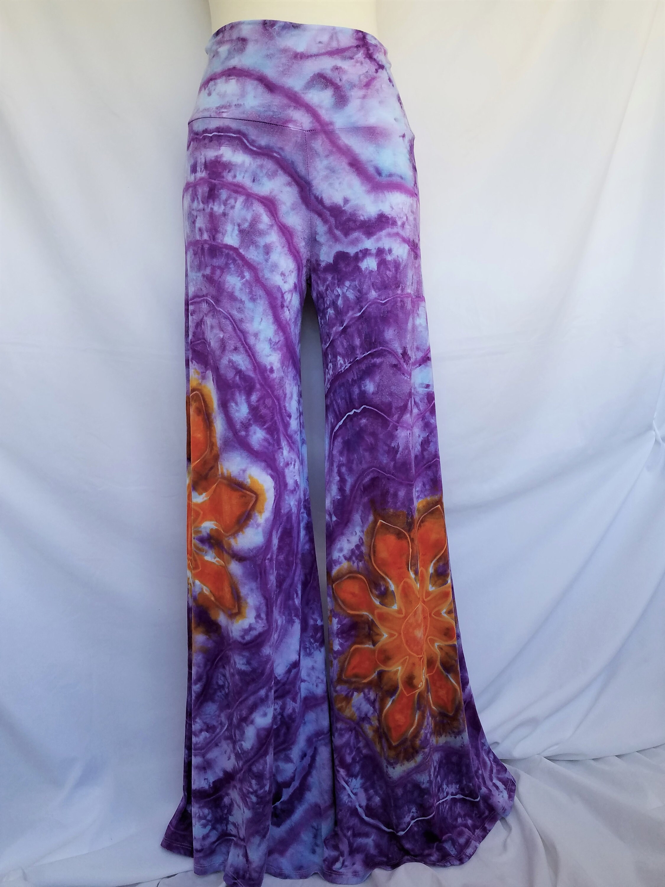 Tie Dye Palazzo Pants - Size Large/XLarge - Purple with Orange Flowers