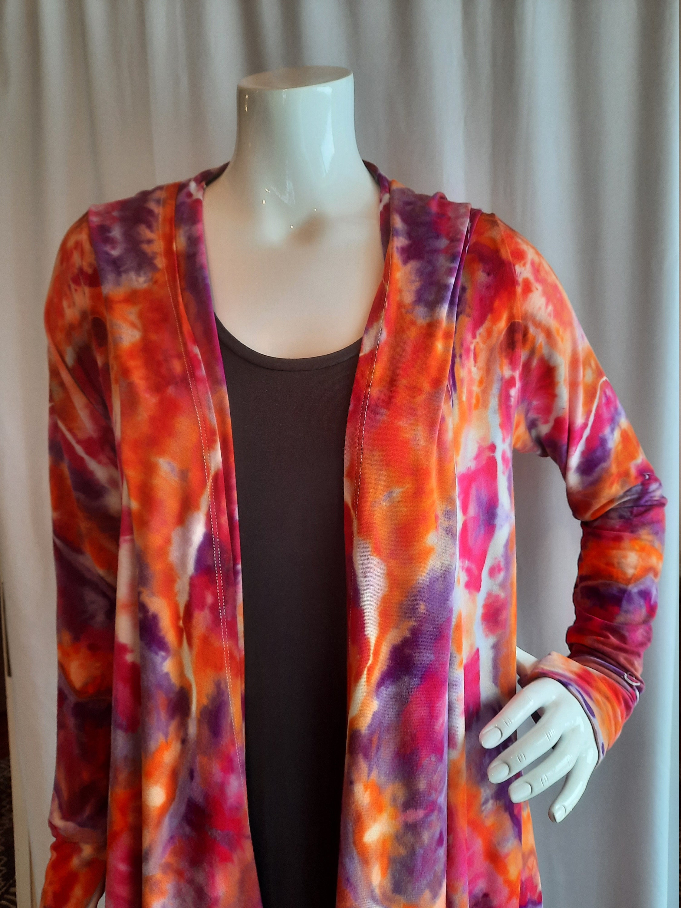 Size Medium Long Hooded Tie Dye Cardigan with POCKETS and thumbholes