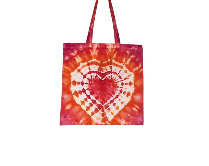 Tie Dye Tote Bag - Medium - Ice Dye Reusable Shopping Bag - Orange and Pink Heart