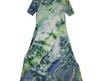 Size 2X - Tie Dye Maxi Dress with Pockets- Ice Dye - Blues and Greens