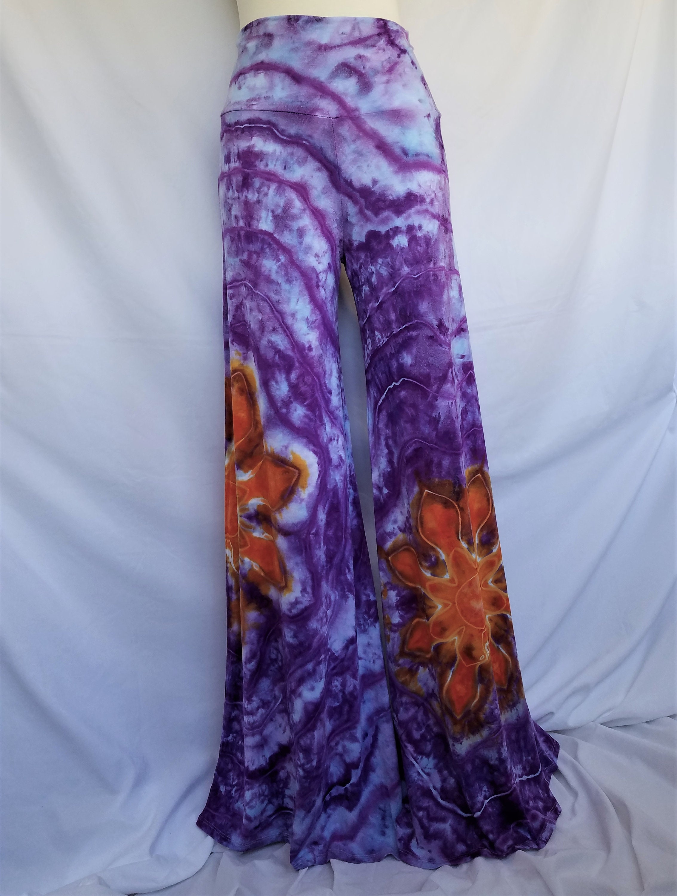 Tie Dye Palazzo Pants - Size Large/XLarge - Purple with Orange Flowers