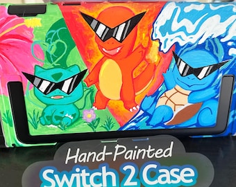 Custom Pokémon Switch 2 Case with Screen Protector, Starter Trio Squirtle Bulbasaur Charmander, Hand Painted Gaming Case