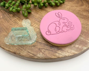 Embosser Stamp Easter Bunny Continuous Line Right Facing With Flowers Handmade