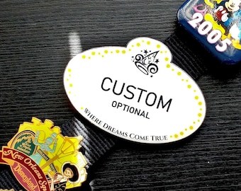 Custom Theme Park Name Tag | Handmade Cast Team Member inspired mock employee shrink plastic epoxy pin or magnet | Lanyard accessory CM Gift