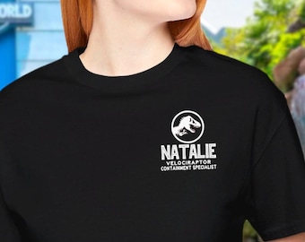 Custom Jurassic Staff Shirt. Personalized dinosaur park employee ranger tee. Uniform cosplay gift for group event vacation trip bday. BLACK
