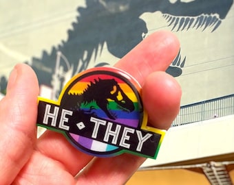 Personalized Pronouns Name Tag | Jurassic Mock Staff glossy Rainbow Flag pin or magnet | Queer LGBTQ gift for theme park Pride month event