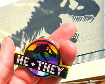 Personalized Pronouns Name Tag | Jurassic Mock Staff Member glossy pin for theme park or cosplay accessory | Queer LGBTQ Pride month gift