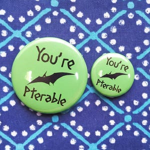 You're Pterable pinback buttons. 1” or 1.5 inch hand-pressed Pterodactyl pins. Pterosaur pun gift, or build a shop bundle