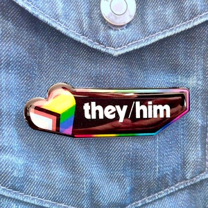Personalized Pronouns Name Tag | Custom LGBTQ Pride identity and orientation heart pin or fridge magnet | Epoxy resin and shrink plastic