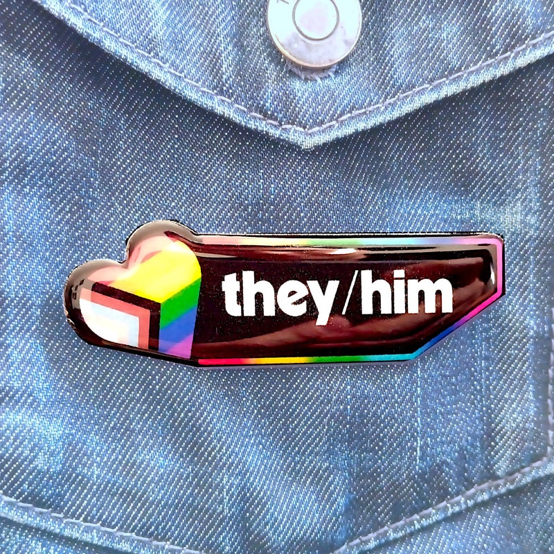 Personalized Pronouns Name Tag, Custom Pride Identity and Orientation Heart Pin or Fridge Magnet, Epoxy Resin and Shrink Plastic