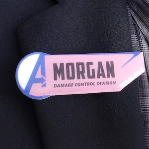 Personalized Avengers Name Tag. Park campus inspired cosplay costume accessory gift. Shrink plastic and epoxy resin film pin or magnet, Gray