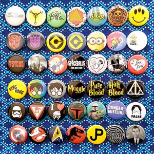 Classic TV Movie film logos button lot. 1” or 1.5 inch hand-pressed pinback button set. Custom shop bundle for cinephiles and television fan