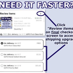 May include: An instructional graphic titled NEED IT FASTER? showing a digital checkout interface. It highlights the Review items button and a list of shipping options including USPS First-Class Mail, USPS Parcel Select Ground, and USPS Priority Mail.