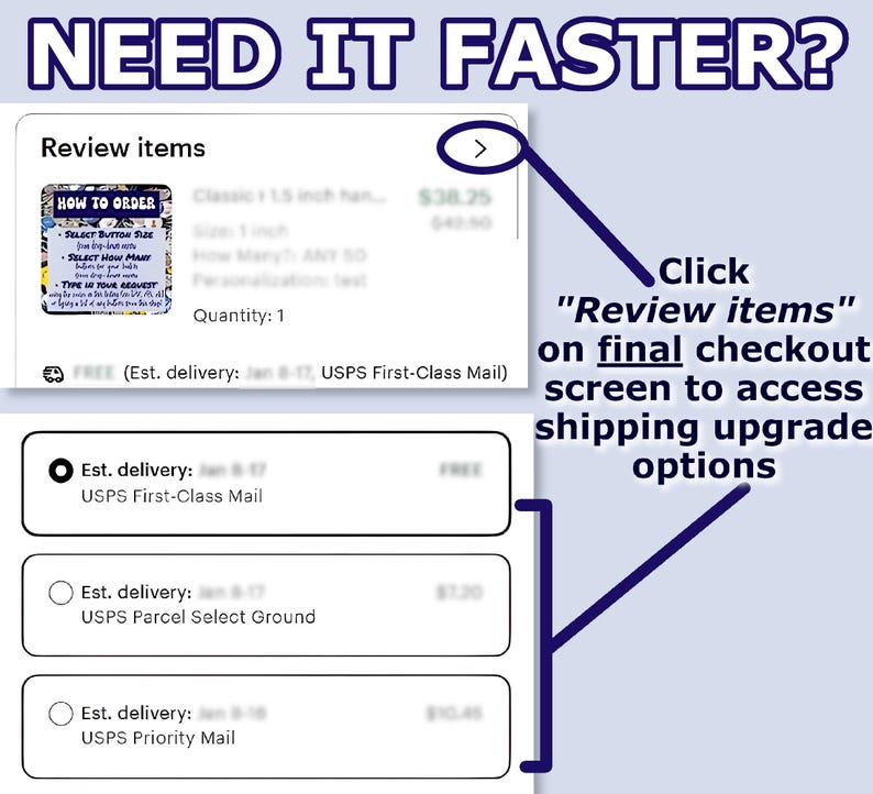 May include: An instructional graphic titled NEED IT FASTER? showing a digital checkout interface. It highlights the Review items button and a list of shipping options including USPS First-Class Mail, USPS Parcel Select Ground, and USPS Priority Mail.