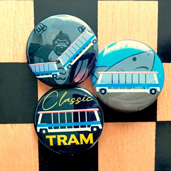 Classic Tram buttons | Hand pressed 1 inch or 1.5 inch pinback button set or shop mix | Fun Universal gift accessories for studio tour fans