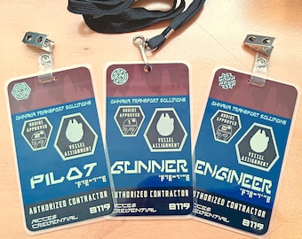 Galaxy Smuggler inspired badge set. Personalized theme park cosplay Dis bounding flight crew lanyard accessory. Gift for group vacation trip
