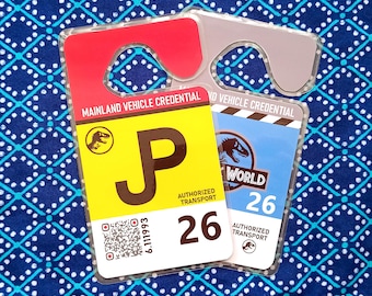 Jurassic Vehicle Hang Tag. JP or JW fan Parking Access Pass. Car prop accessory for Cosplay events or Halloween. Customizable mock permit.