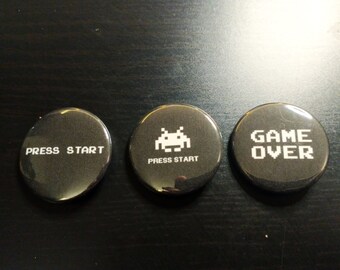 Press Start Game Over buttons | Pinback button set or shop mix in 1 inch or 1.5 inch | Gift and accessories for 8bit arcade game fans