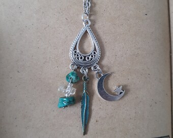 Quartz and Malachite Moon and Feather Necklace