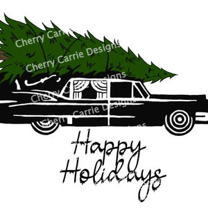 May include: A black vintage car with a Christmas tree on top. The car has a white interior and the text "Happy Holidays" is written below the car.